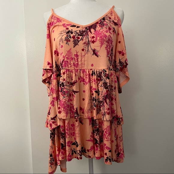 Super Soft Peach Floral Cold Shoulder Babydoll Top - Picture 6 of 7